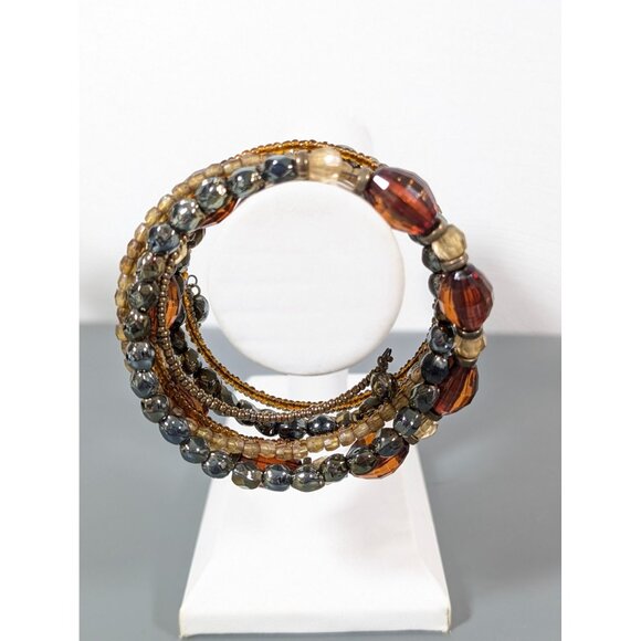 Boho Tribal Faceted Brown Bead Coil Wrap Bracelet 7.5 in - Picture 5 of 6
